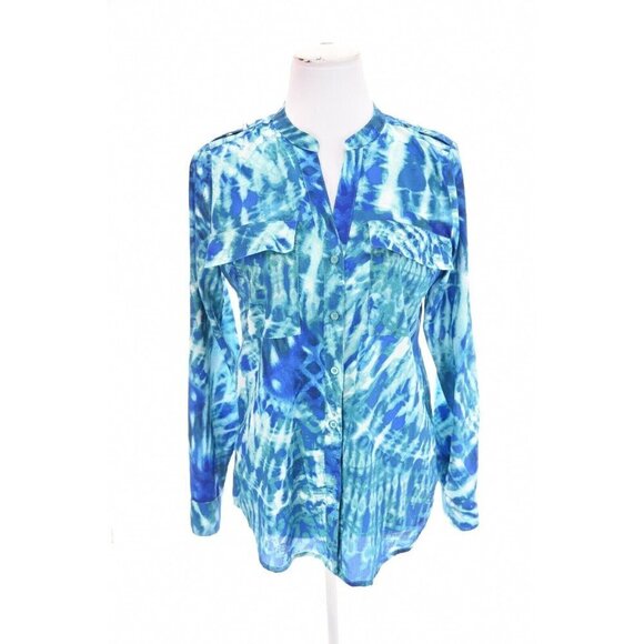 Calvin Klein Sz XS Blue Batik Ikat Military Button Up Shirt Tunic Top Womens - Picture 8 of 8